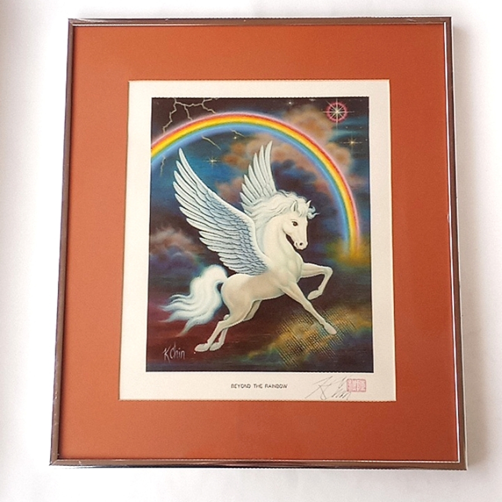 Vintage K. Chin signed Pegasus "behind the rainbow" framed art print